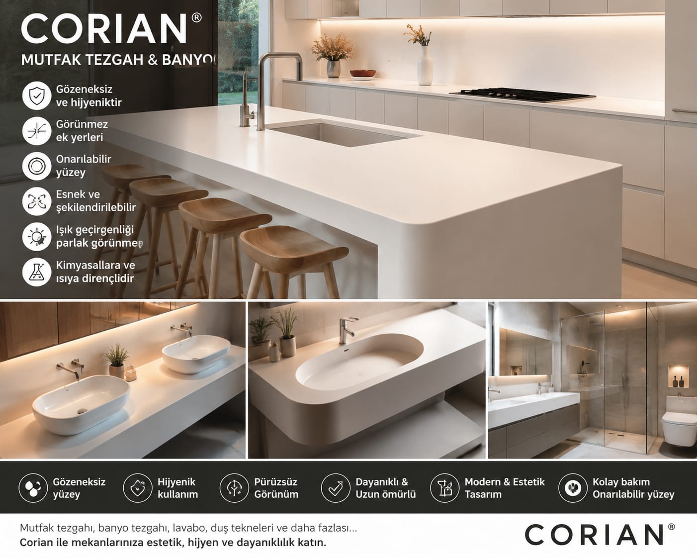 Corian mutfak tezgahı ve banyo uygulamaları avantajları